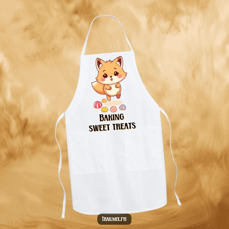 Funny fox character skipping on a candy trail on a practical and humorous apron, perfect for bakers.