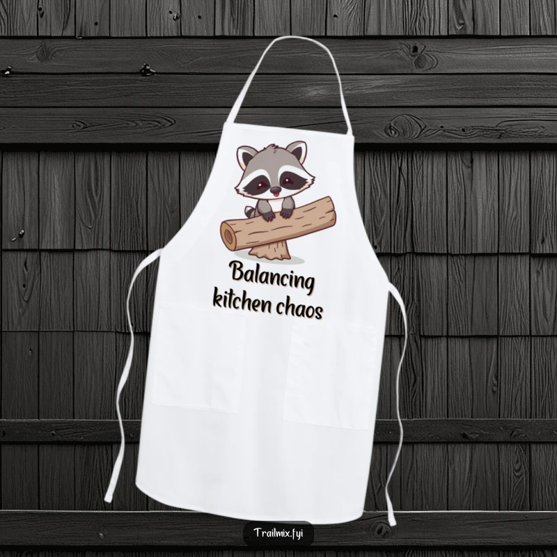 Funny apron showcasing a playful cartoon raccoon comically trying to balance on a log, perfect for a humorous cook.