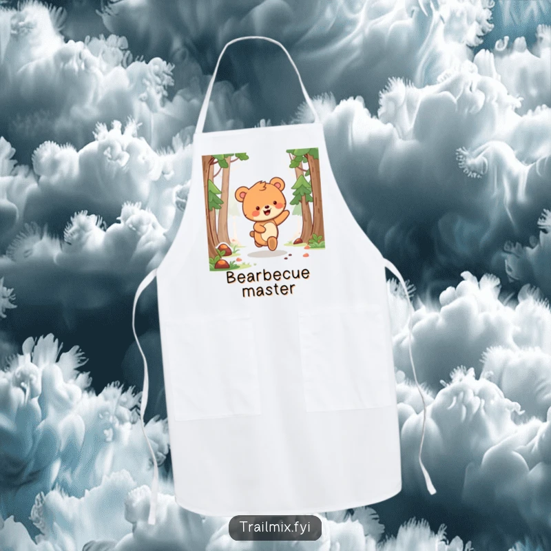 Funny bear cub apron depicting a delighted bear cub skipping along a forest path, ready for cheerful culinary tasks.