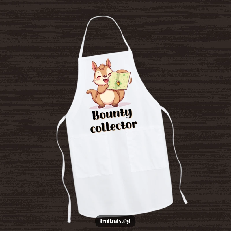 Funny squirrel apron, showing a cheerful squirrel holding a tiny map aloft, ideal for kitchen fun and planning.