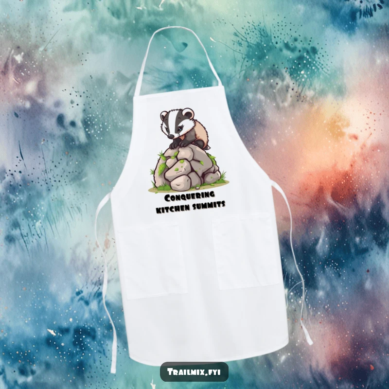 Funny apron shows a focused badger ascending a mossy boulder, perfect for kitchen adventures and humorous cooking.