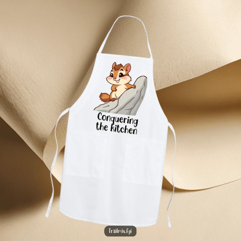 Funny apron showcasing a determined chipmunk climbing a rock, perfect for adventurous and humorous kitchen tasks.