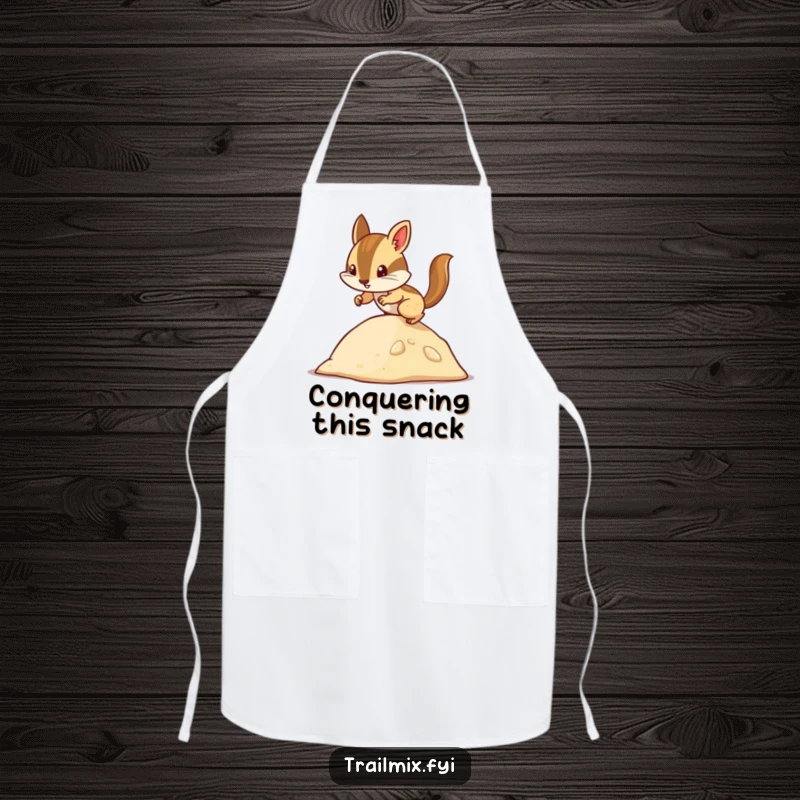 Funny chipmunk apron showing a determined character scurrying up a small hill, ideal for kitchen tasks with a humorous flair.