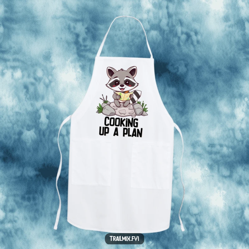 Funny happy raccoon with a map navigating a rocky path on a kitchen apron, blending humor and utility.
