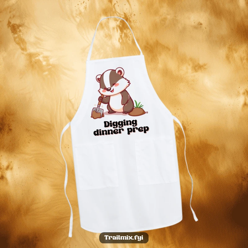 Funny apron with an enthusiastic badger digging with a trowel, a humorous and practical kitchen or garden accessory.