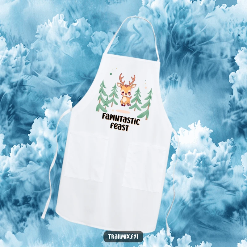 Funny Cheerful Deer Apron: A kitchen apron showcasing a cheerful deer character frolicking through pine trees.