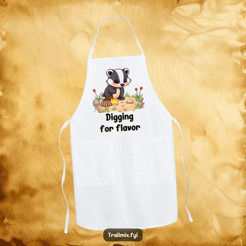 Funny apron shows an energetic badger digging with excitement, adding driven humor and practicality to kitchen tasks.
