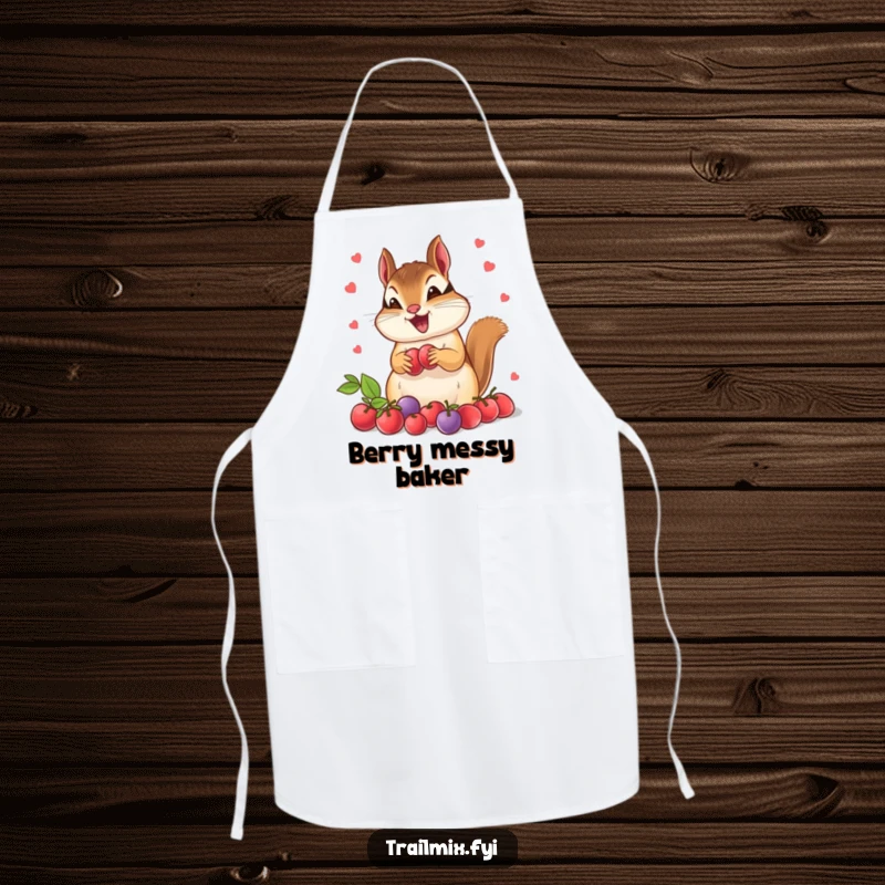 Funny chipmunk apron, depicted with comical excitement while collecting berries, ready for culinary creations. Humorous kitchen wear.