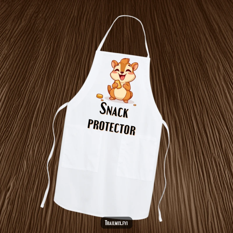 Funny chef apron with a joyful chipmunk character happily munching on a trail snack, perfect for cooking.