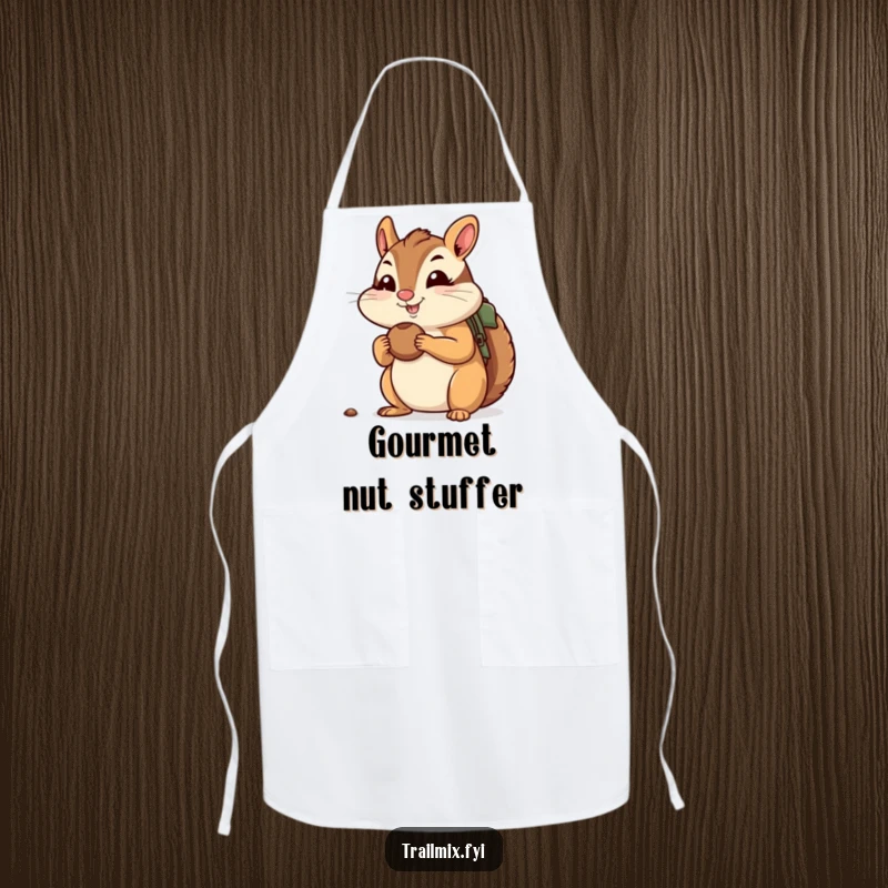 Funny apron of a cheerful chipmunk stuffing its cheeks with nuts, ready for a hike, perfect for kitchen adventures.