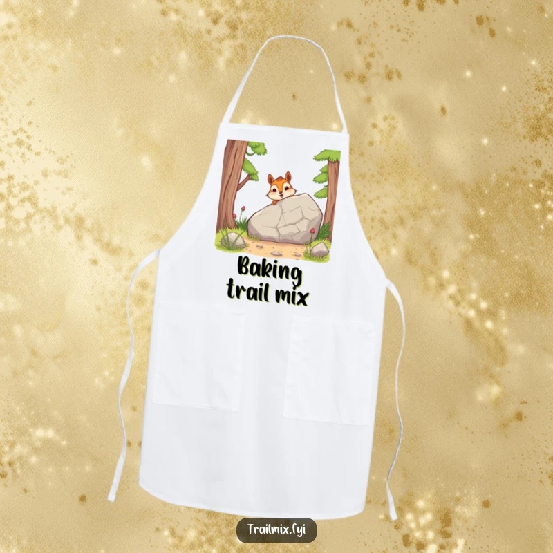 Funny apron shows a cheerful chipmunk peeking from behind a rock, adding outdoor humor and practicality to kitchen tasks.