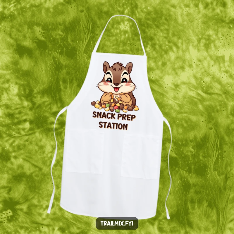 Funny chipmunk apron, wearing a chef hat and happily munching trail mix, ready to cook up a storm. A humorous kitchen essential.