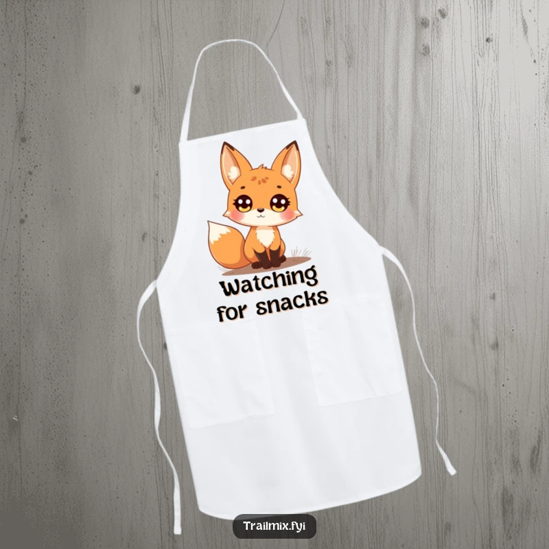 Funny apron illustration: a curious fox on a trail looking upwards with big, bright eyes, adding charm to the kitchen.