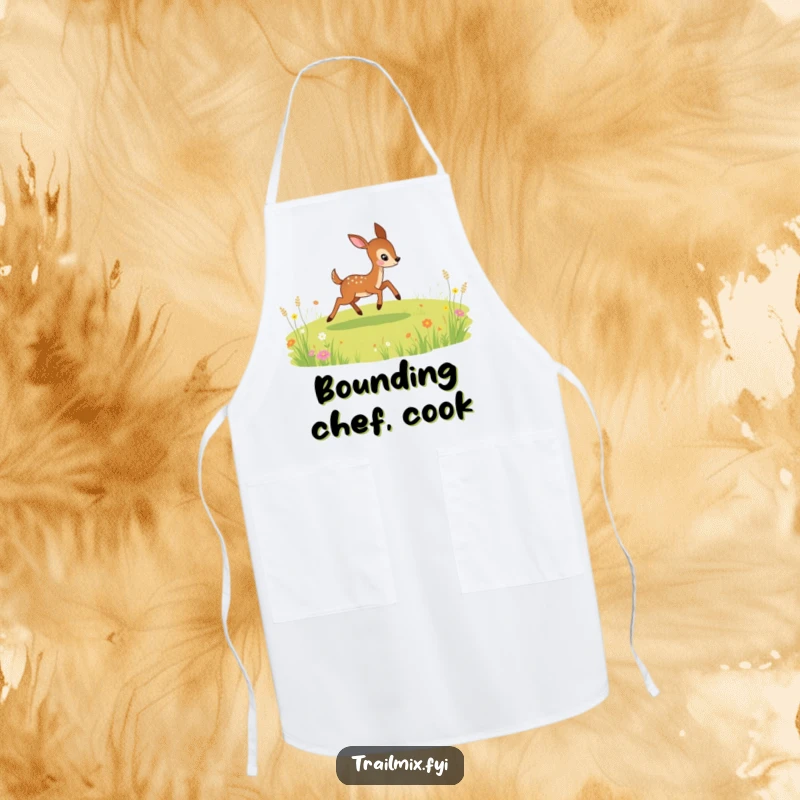 Funny apron showing a playful deer bounding through a meadow, adding a touch of wild charm to kitchen duties.