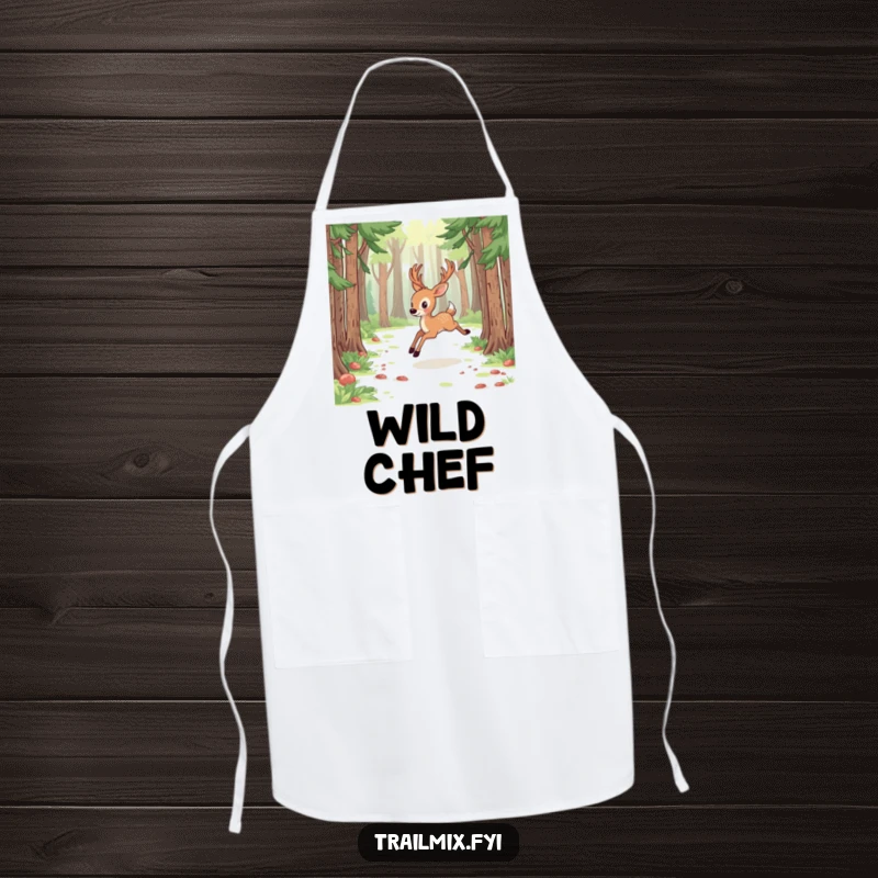 Funny deer apron, showing energetic bounding through a forest clearing, ideal for kitchen fun and protection.