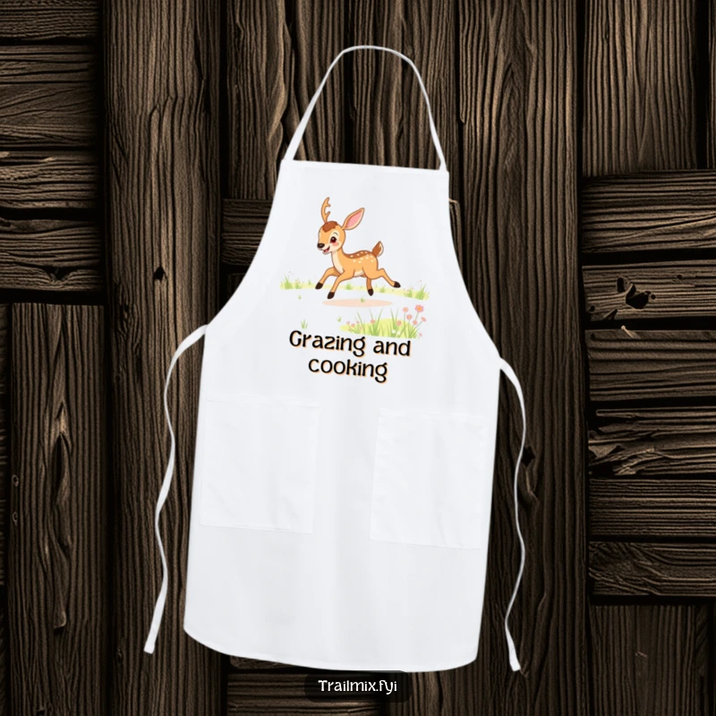 Funny apron featuring a happy deer bounding through a meadow, perfect for kitchen fun and a great funny gift for chefs.