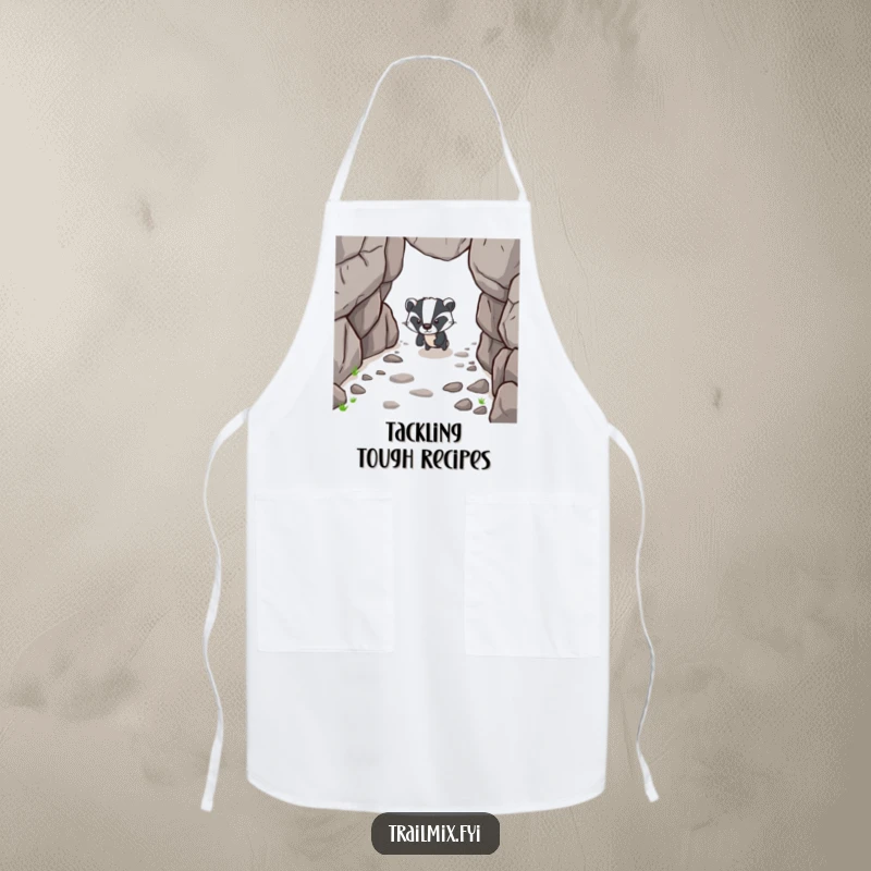 Funny apron featuring a determined badger character forging ahead on a rocky path, perfect for adding resilience to kitchen tasks.