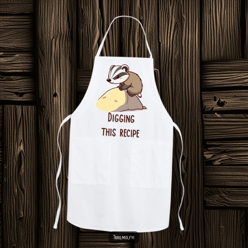 Funny determined badger apron, shown climbing with a serious expression, ready to conquer recipes. Humorous kitchen apparel.