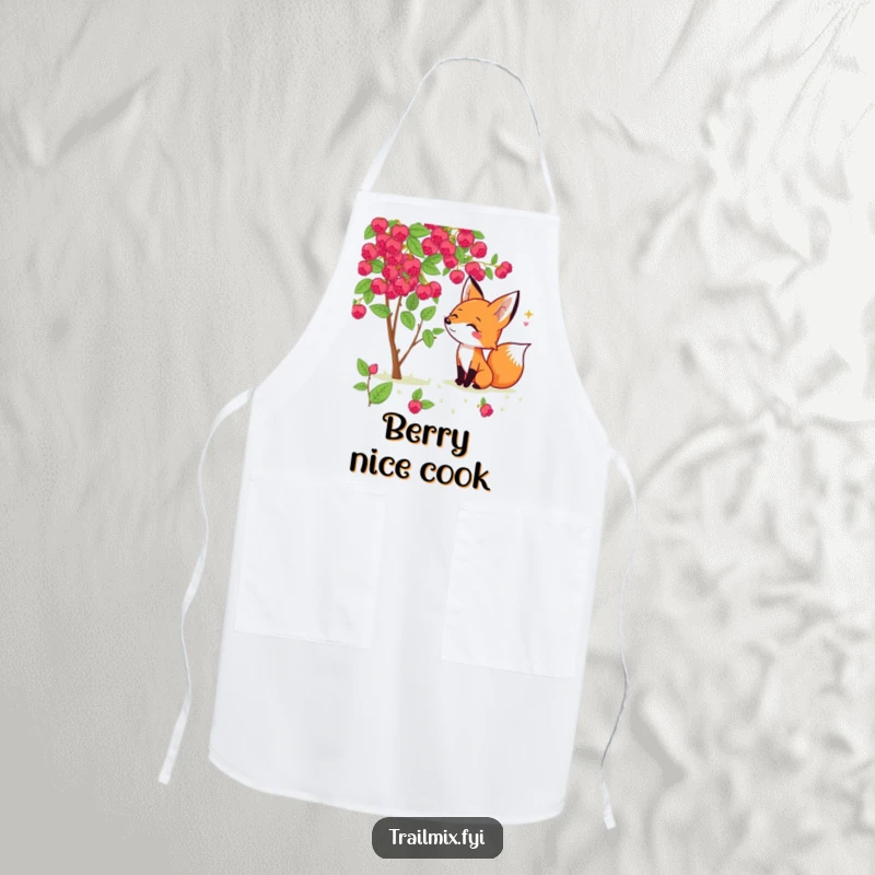 Funny fox apron depicting a cheerful fox excitedly sniffing a wild berry bush, ready for delicious culinary creations.