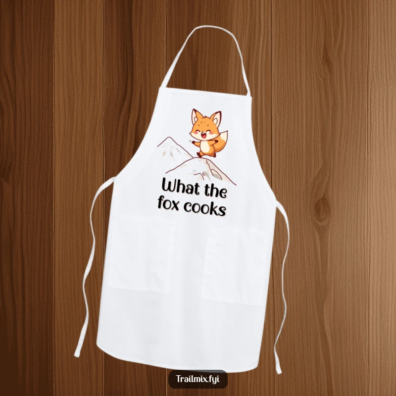 Funny fox apron with a delighted character playfully bounding up a mountain slope, adding humor to cooking and baking.