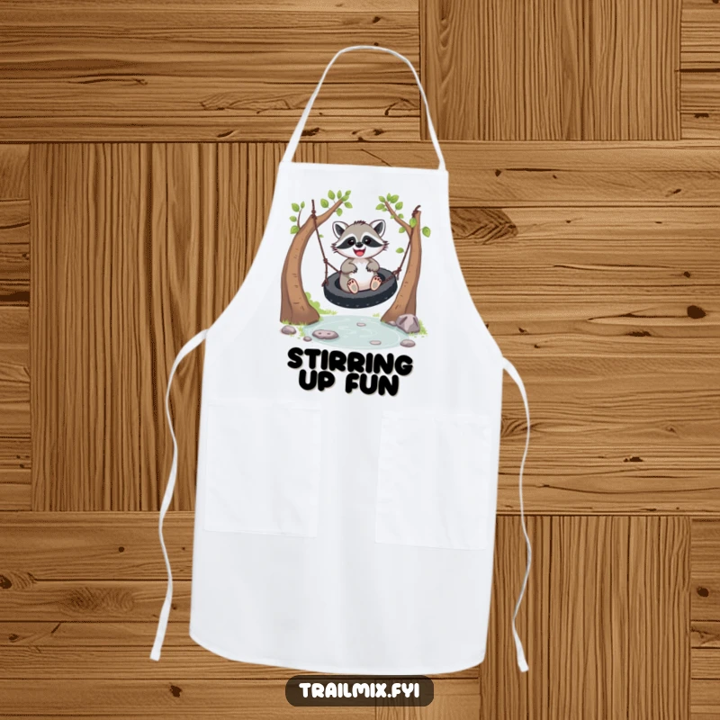 Funny joyful racoon apron, depicted having a blast on a tire swing. Humorous and fun kitchen apparel.