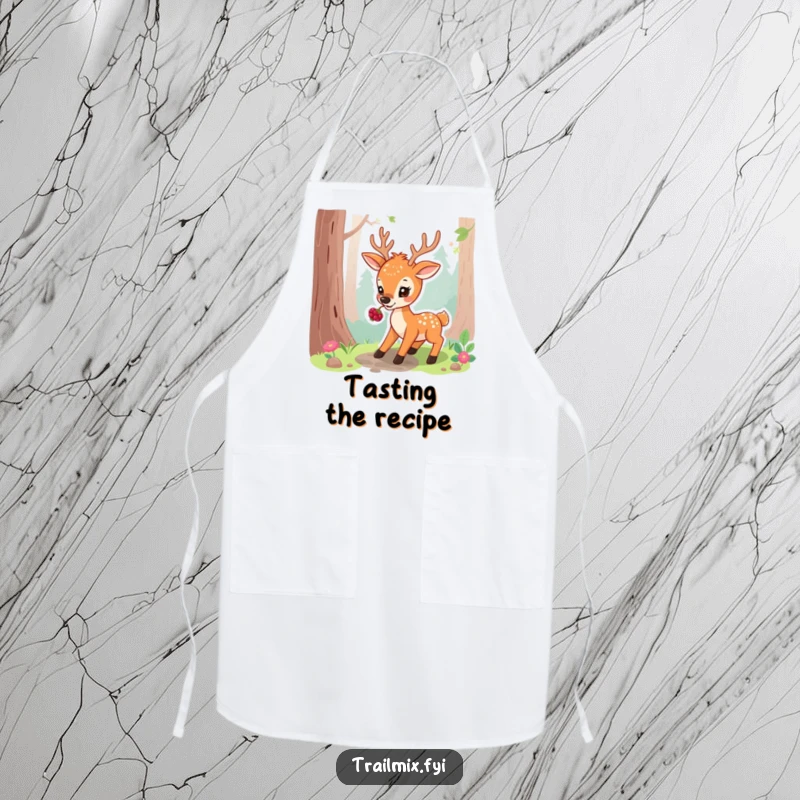 Funny apron illustration: a playful deer pausing on a forest path, nibbling a berry, ready for kitchen tasks.