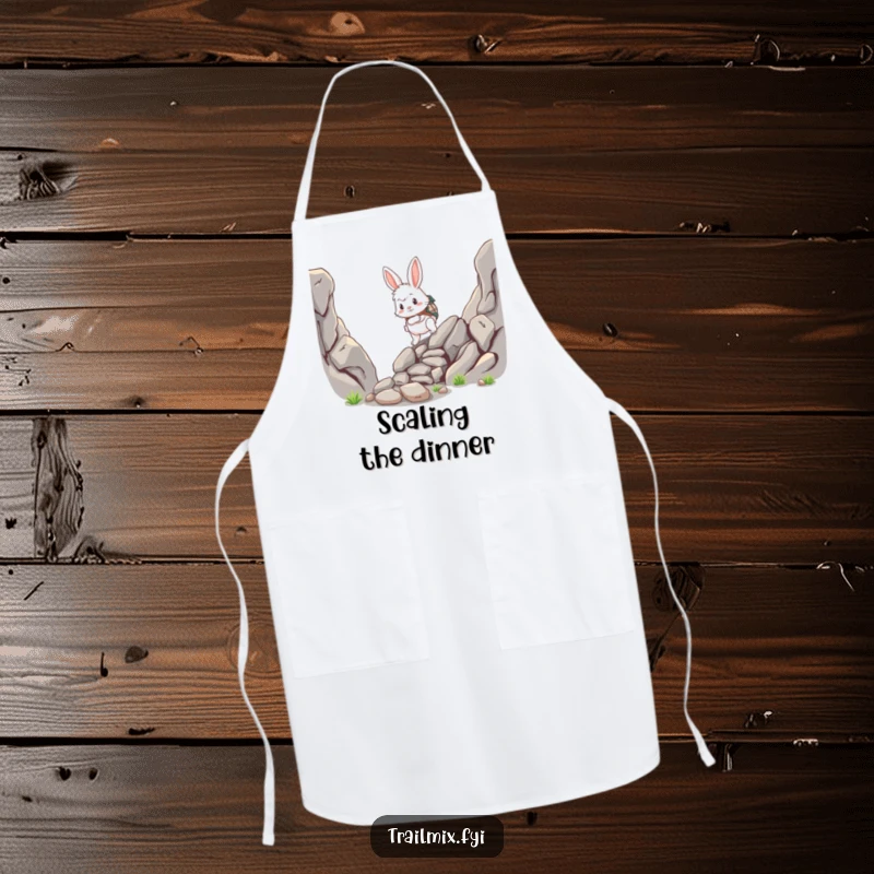 Funny rabbit apron, fluffy adventurer scrambling up a rocky path, practical kitchen wear, humorous accessory.