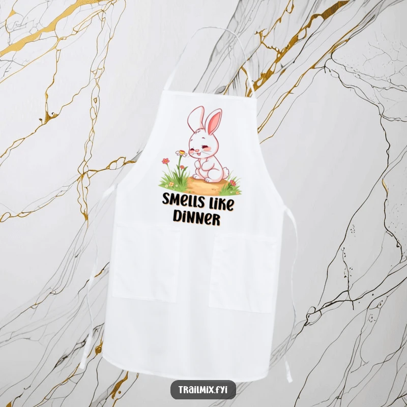 Funny rabbit apron with a giggling character curiously sniffing a wildflower on a path, adding whimsy to kitchen tasks.