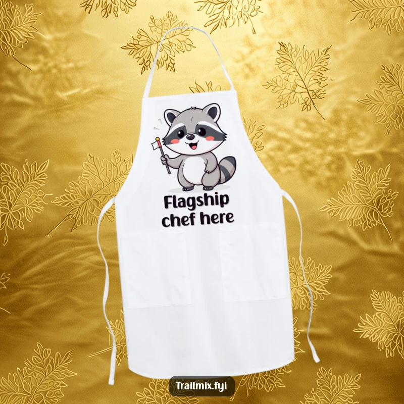 Funny apron with a cheerful raccoon waving a flag, ideal for kitchen celebrations and a great funny gift for hosts.
