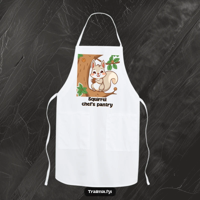Funny apron showing a determined squirrel character storing nuts in a tree, bringing focus to kitchen activities.