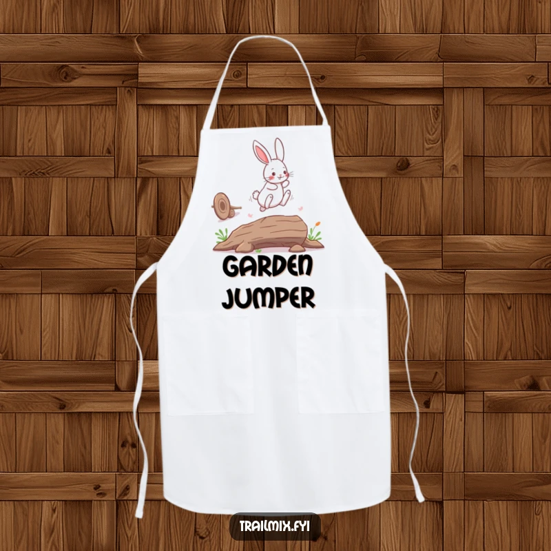 Funny bunny rabbit apron, showing a playful leap over a fallen log, ideal for kitchen fun and protection.