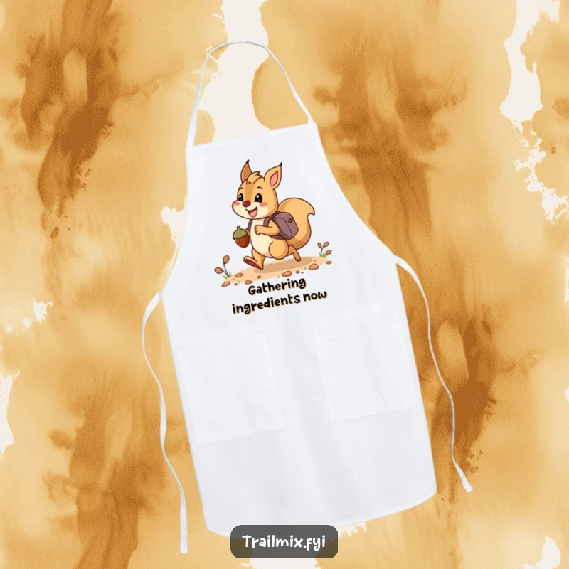 Funny apron illustration: a happy squirrel bounding along a trail, carrying acorns like tiny backpacks, ready for kitchen tasks.