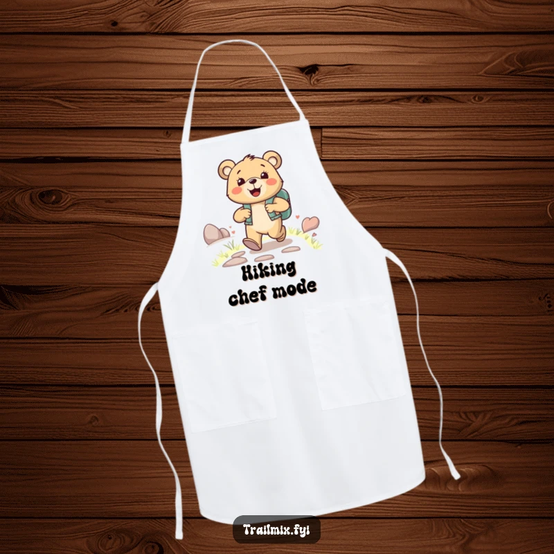 Funny happy bear character wearing a backpack, joyfully striding up a path, on a charming and funny apron.