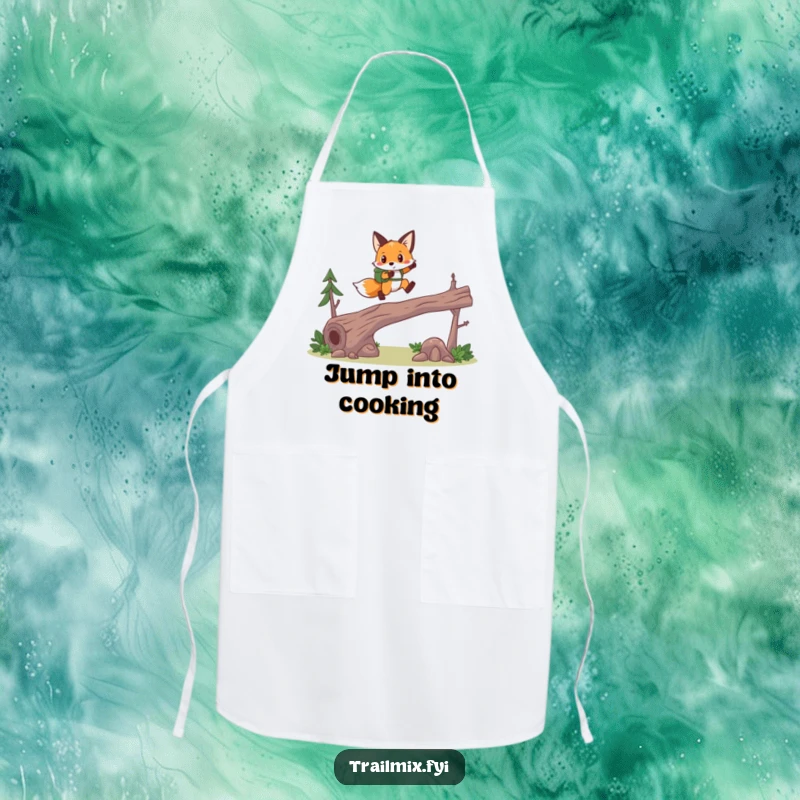 Funny fox hiker apron, mid-leap action, durable and practical for cooking, whimsical woodland design.