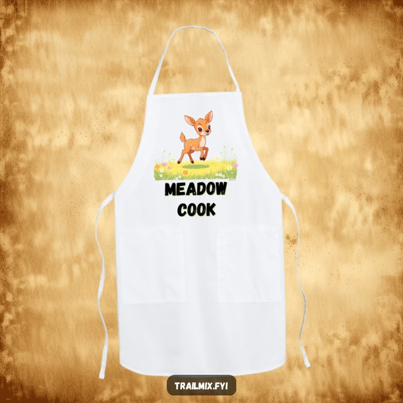 Funny deer fawn apron depicting a gleeful fawn bounding through a sunlit meadow, ready for delightful kitchen creations.