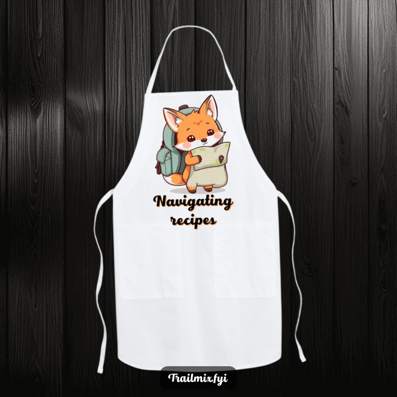 Funny curious fox character peeking out of a backpack with a map, featured on a durable kitchen apron.