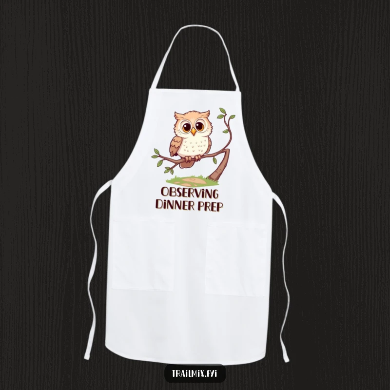 Funny chef apron with a curious owl character perched on a branch, observing kitchen activities.