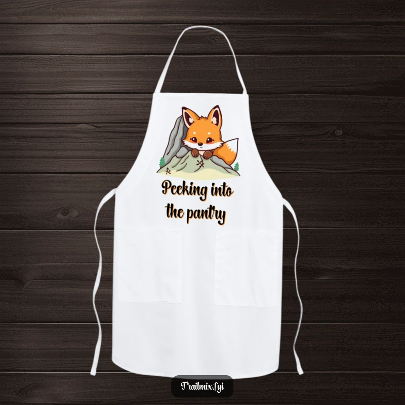Funny fox peeking from behind a mountain apron, practical kitchen wear with a humorous and adventurous twist.
