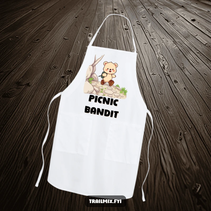 Funny bear cub apron, showing a happy skip in hiking boots on a rocky trail, ideal for kitchen fun and protection.