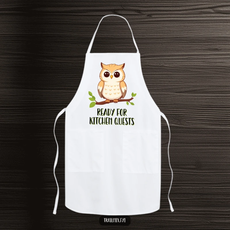 Funny apron featuring a smiling owl perched on a branch, looking ready for adventure, adding charm to kitchen tasks.