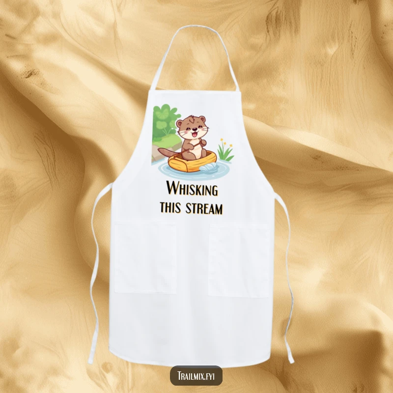 Funny apron showing an otter happily rafting, designed for kitchen use to add humor and personality to cooking tasks.
