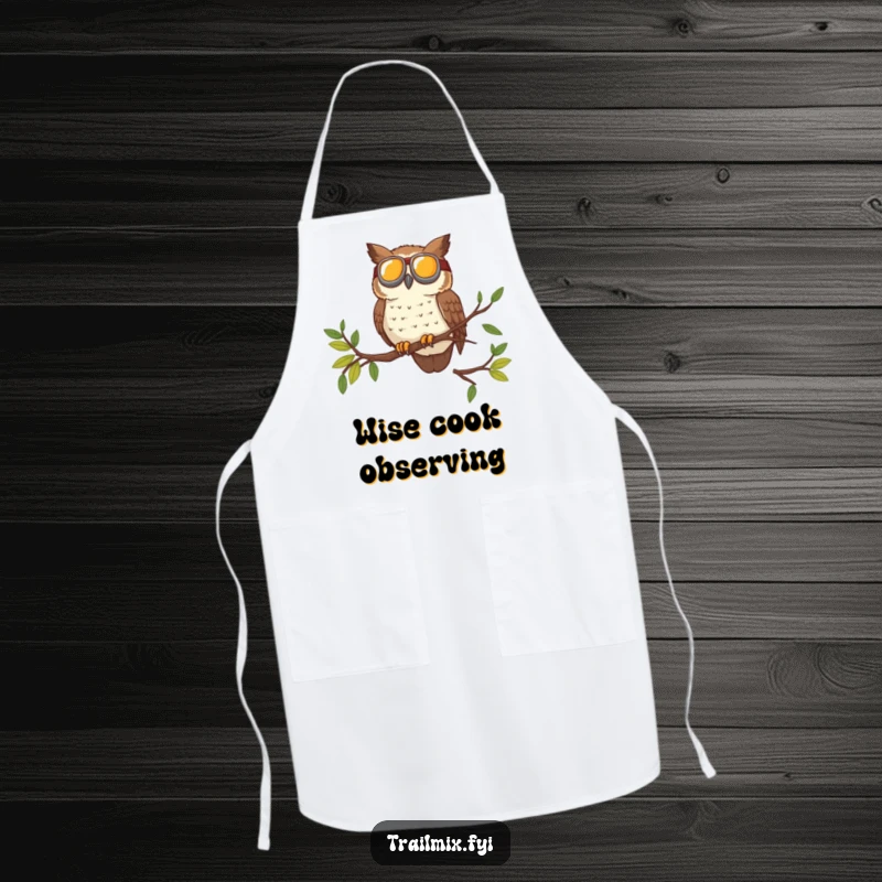 Funny apron of a brave owl wearing goggles surveying the trail from a high branch, perfect for kitchen adventures.
