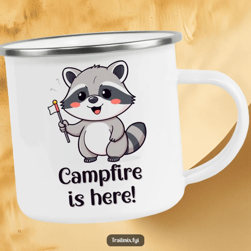 Funny camping mug featuring a cheerful raccoon waving a flag, perfect for outdoor parties and a unique funny gift.