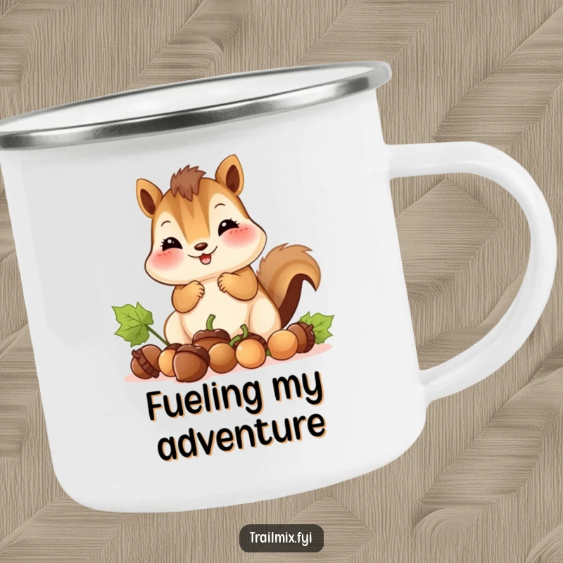 Funny camping mug displays a chipmunk with full cheeks gathering acorns, perfect for outdoor adventures and humorous drinks.