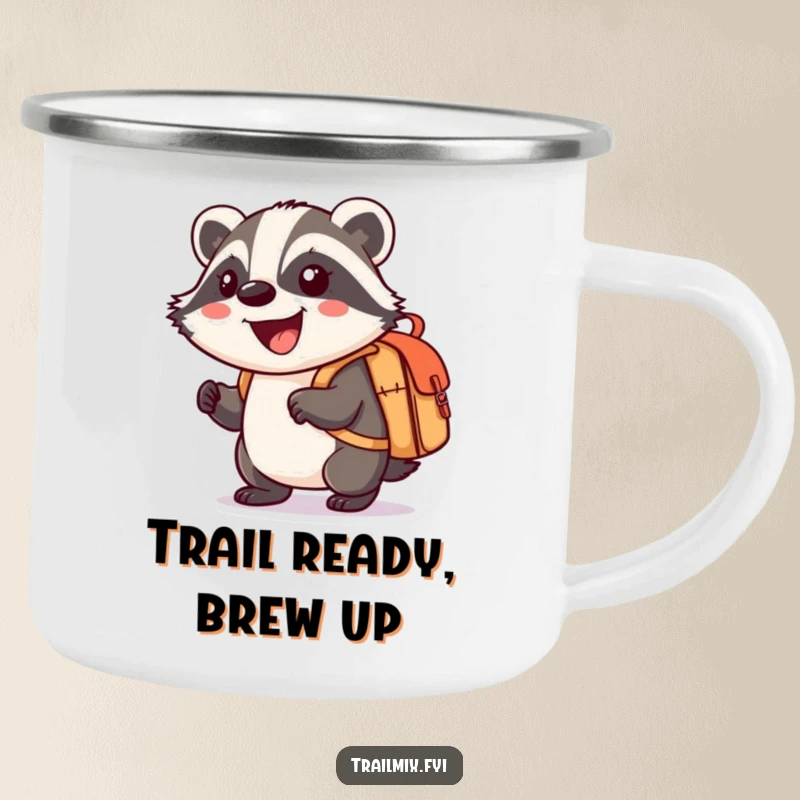 Funny camping mug featuring a smiling cartoon badger enthusiastically carrying a small knapsack, perfect for outdoor adventurers.