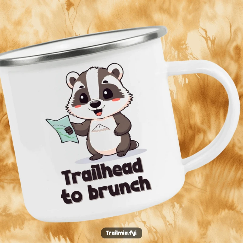 Funny camping mug: a determined badger with a map comically pointing towards a distant peak, perfect for outdoor adventurers.
