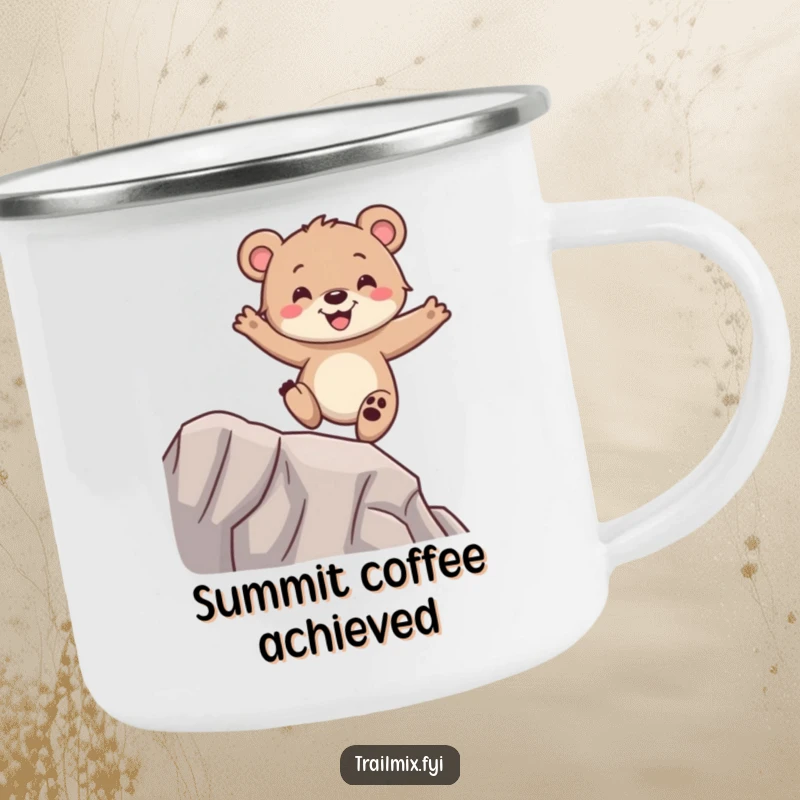 Funny bear cub camping mug, balancing with glee, durable enamel, perfect for cozy outdoor moments.