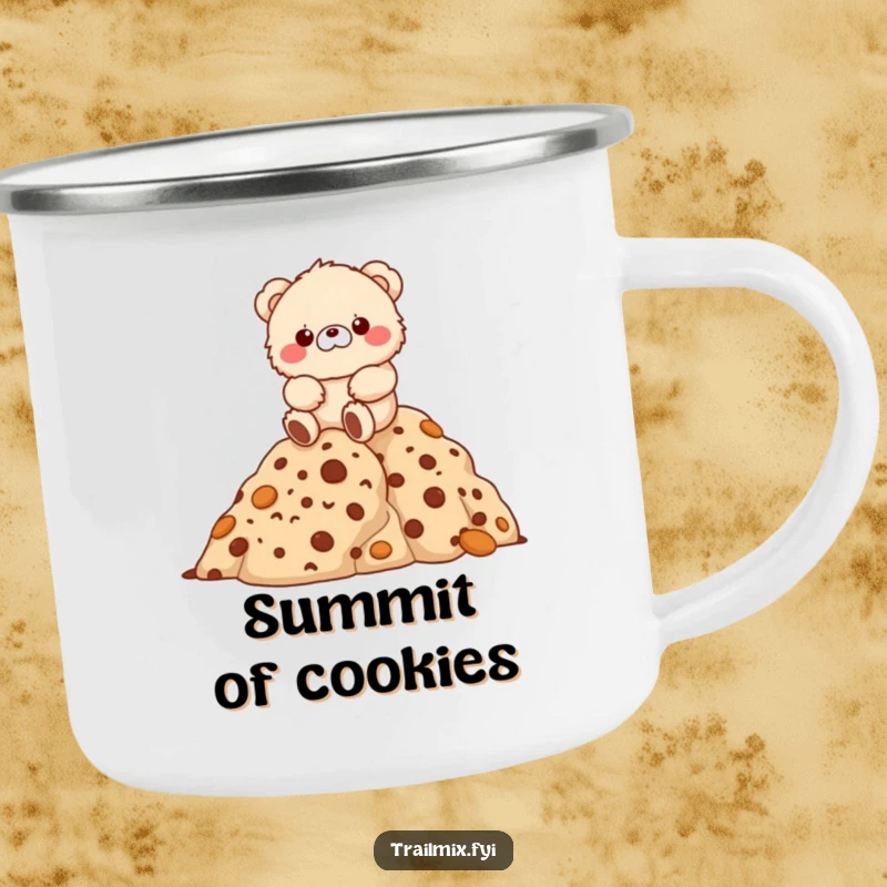 Funny fluffy bear character joyfully hiking up a mountain of cookies on a durable camping mug.