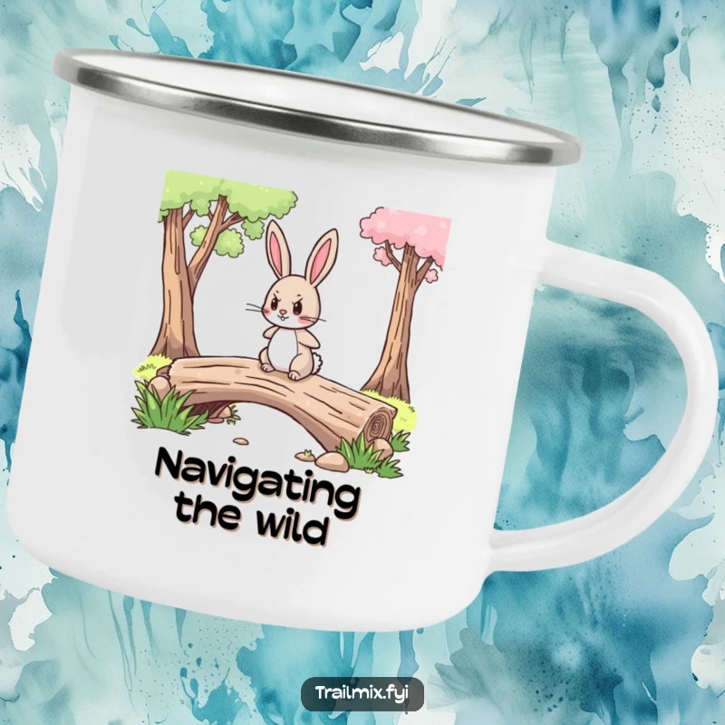 Funny camping mug showing a brave rabbit with a determined expression confidently crossing a log bridge, ideal for outdoor brews.
