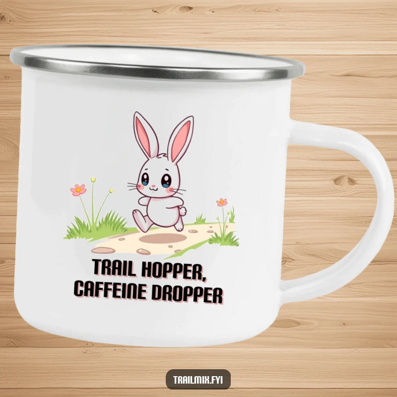 Funny playful bunny hopping with wide eyes on a durable camping mug, perfect for outdoor enthusiasts.